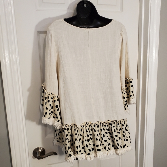 Umgee Mixed Media Cream and Black Polka Dot Ruffle Blouse L - Picture 3 of 8